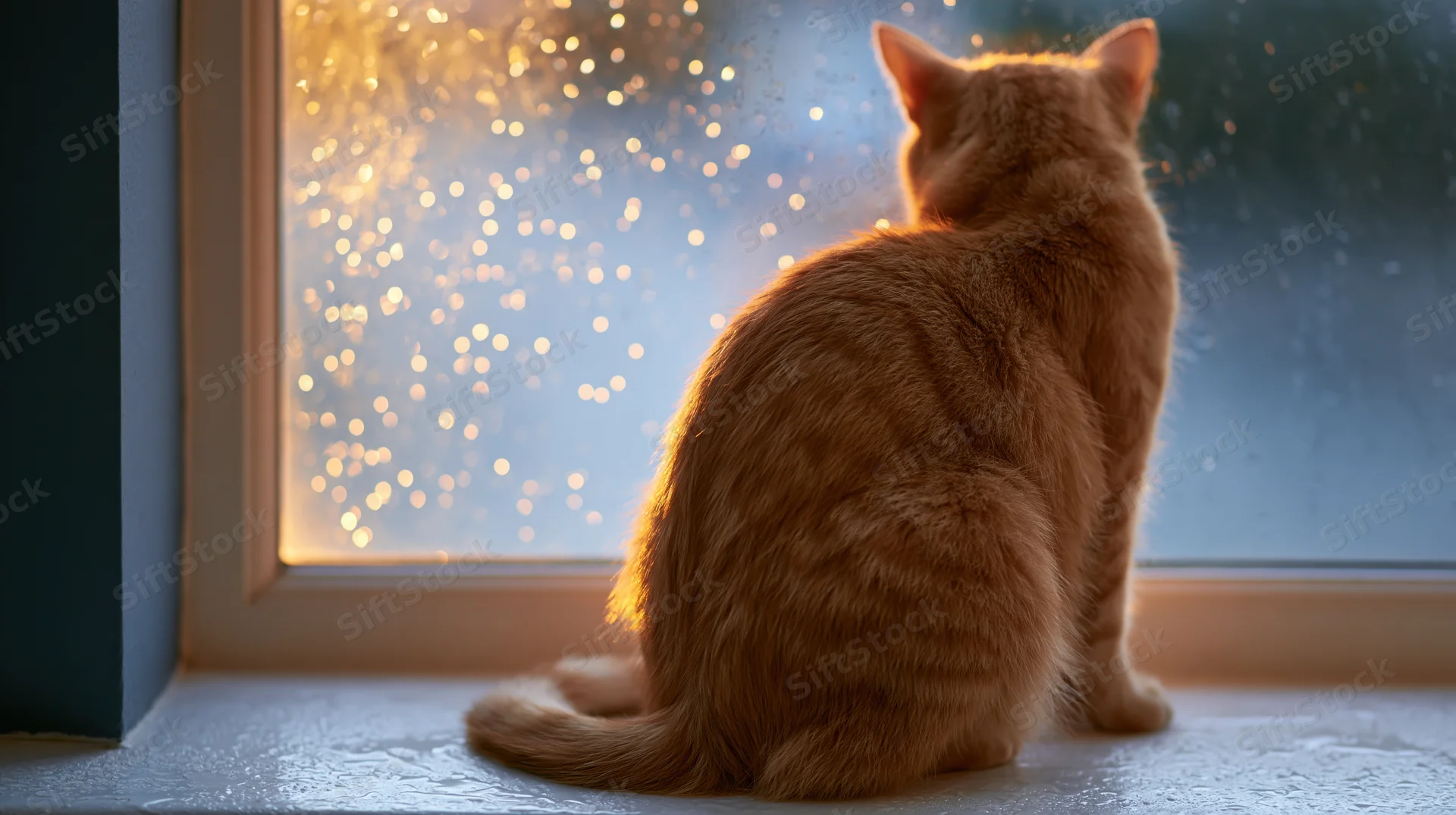 Orange tabby cat sitting on windowsill looking out at rainy window with warm bokeh light