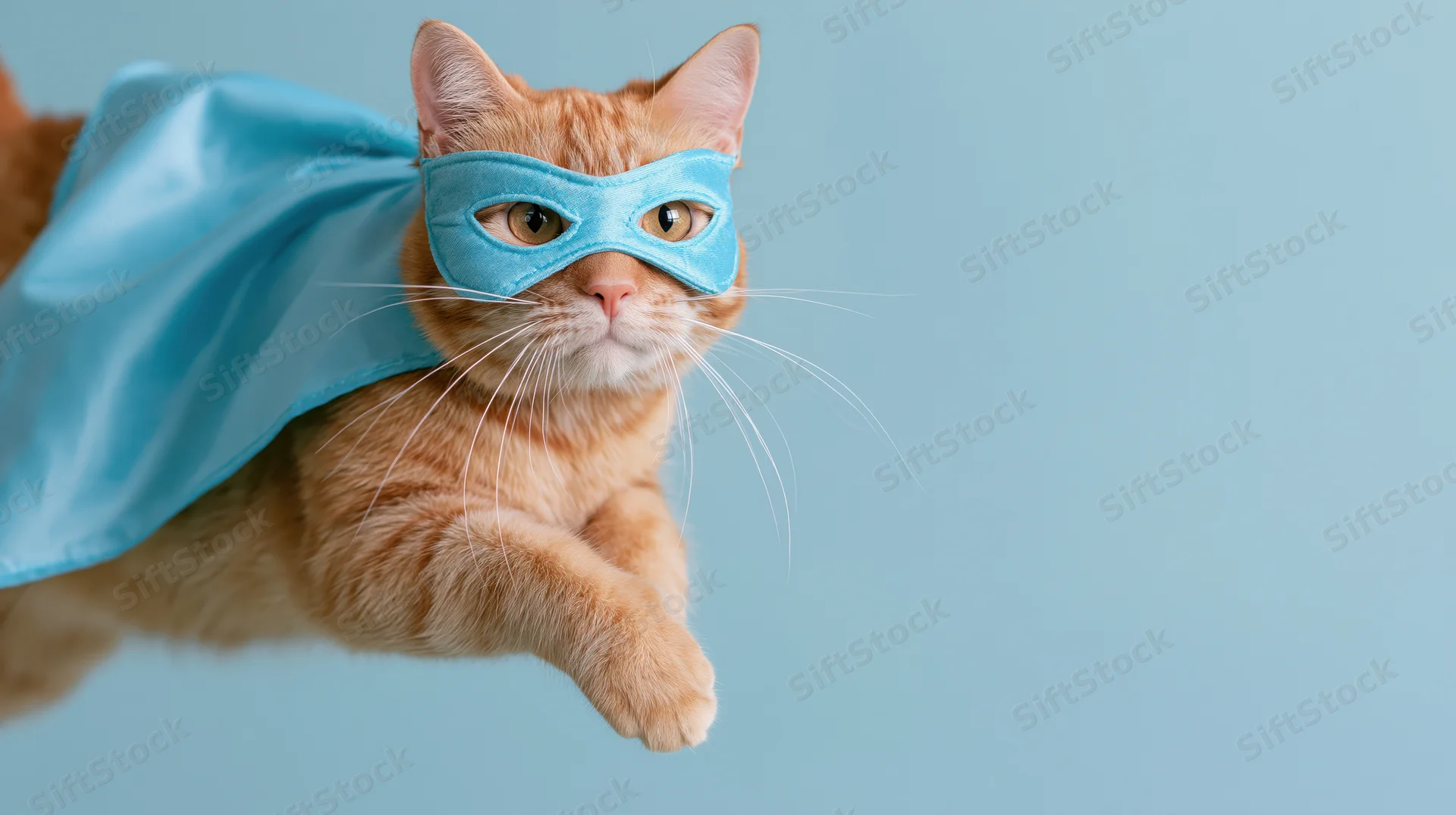 Orange tabby cat in blue superhero costume flying against light blue background
