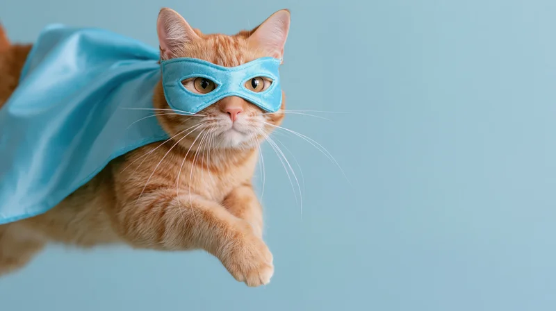 Orange tabby cat in blue superhero costume flying against light blue background