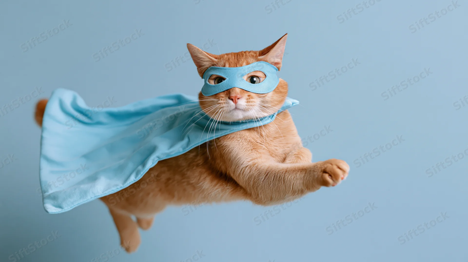 Orange tabby cat in blue superhero costume flying against light blue background