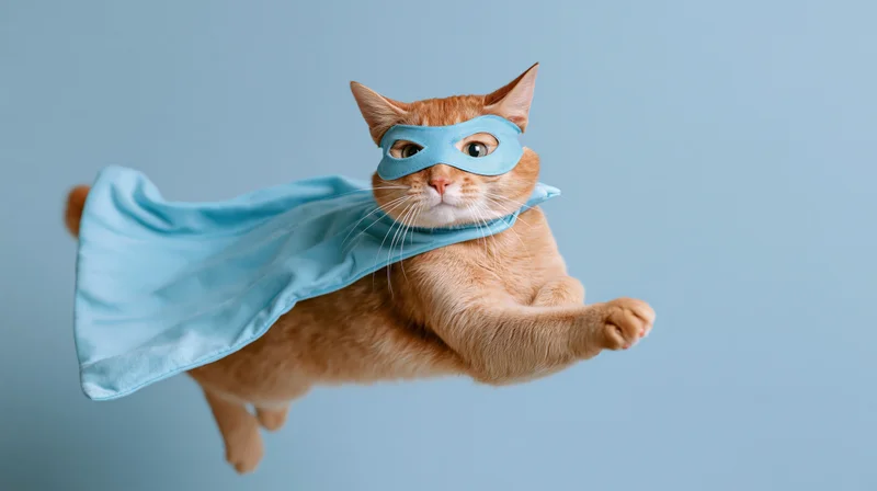 Orange tabby cat in blue superhero costume flying against light blue background