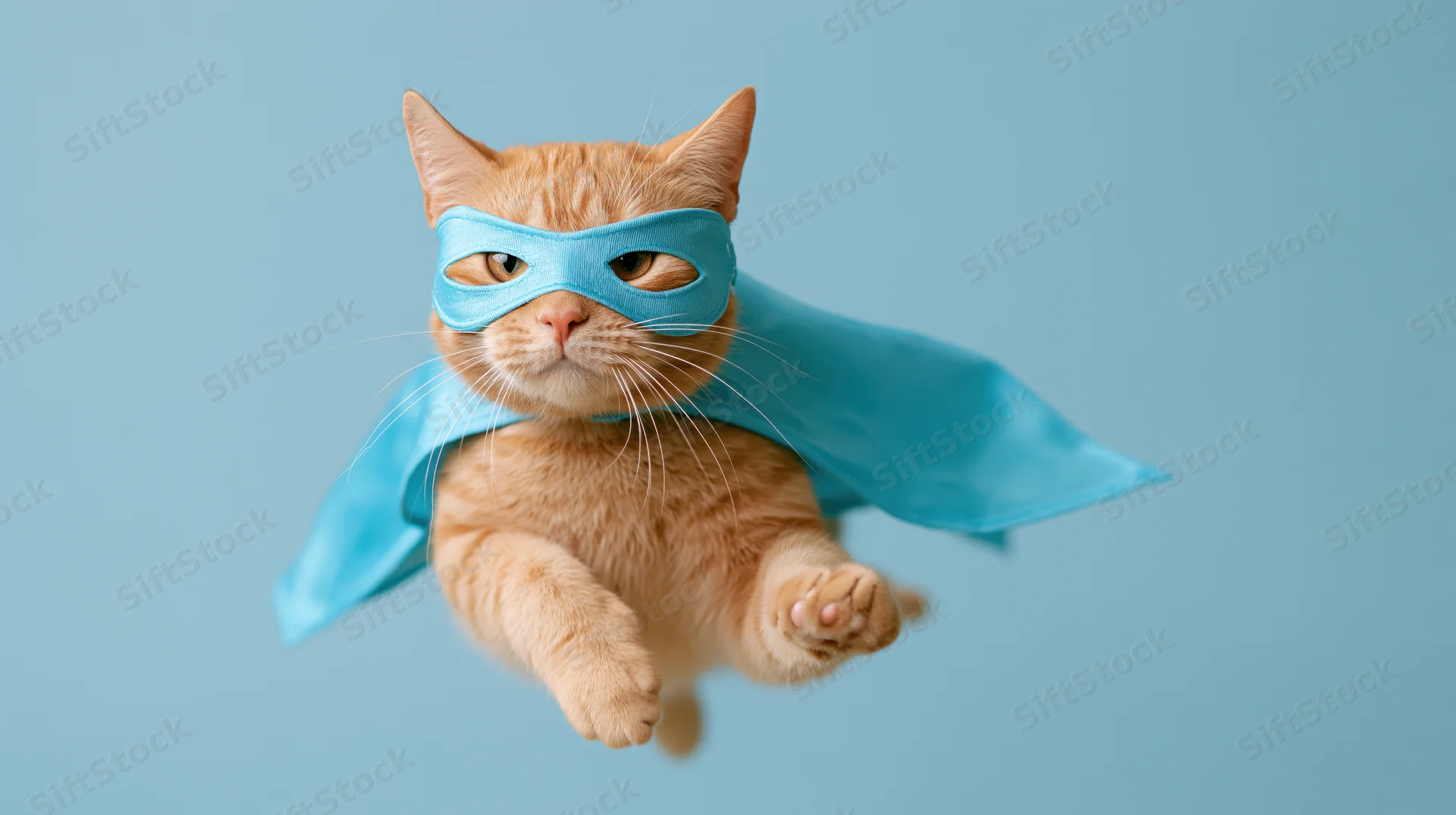 Orange tabby cat in blue superhero costume flying against light blue background