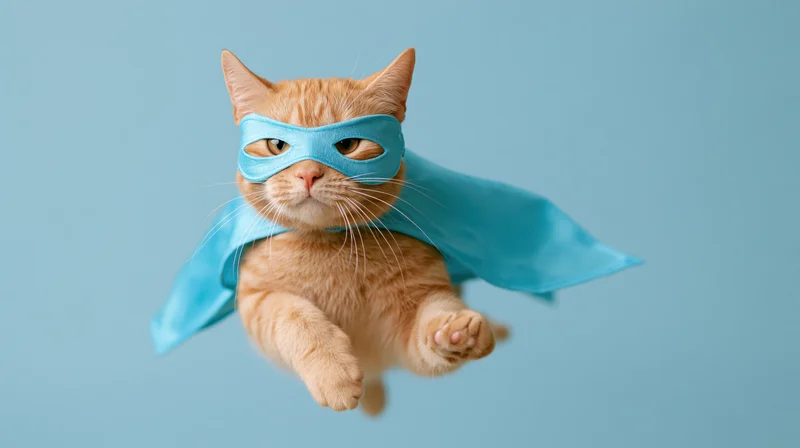 Orange tabby cat in blue superhero costume flying against light blue background