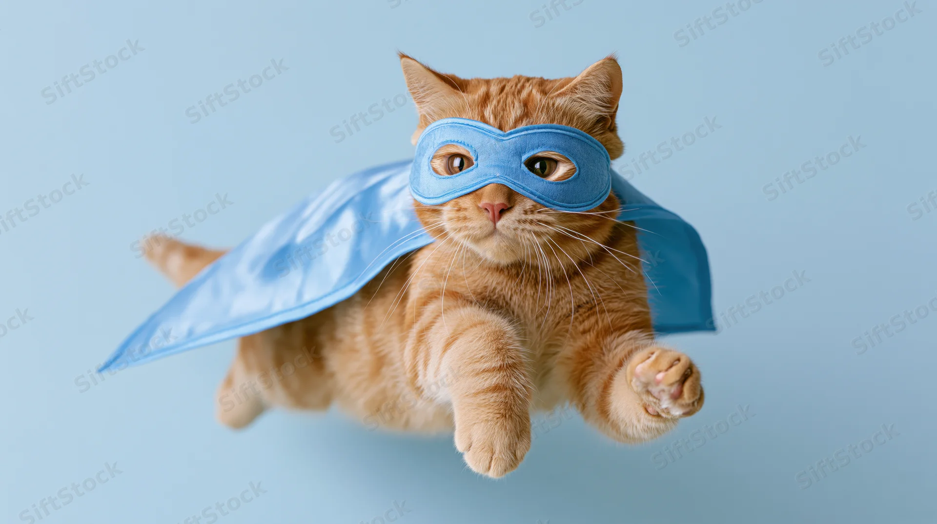 Orange tabby cat in blue superhero cape and mask flying midair against light blue background