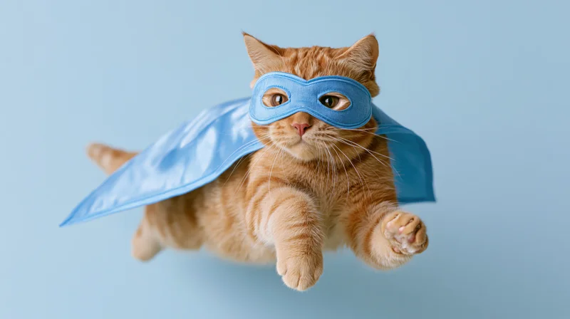 Orange tabby cat in blue superhero cape and mask flying midair against light blue background