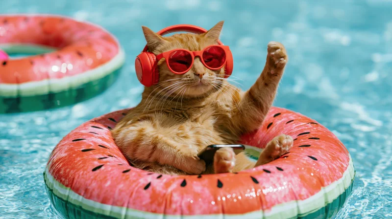 Orange tabby cat wearing red sunglasses and headphones floating in a watermelon inflatable ring in a swimming pool