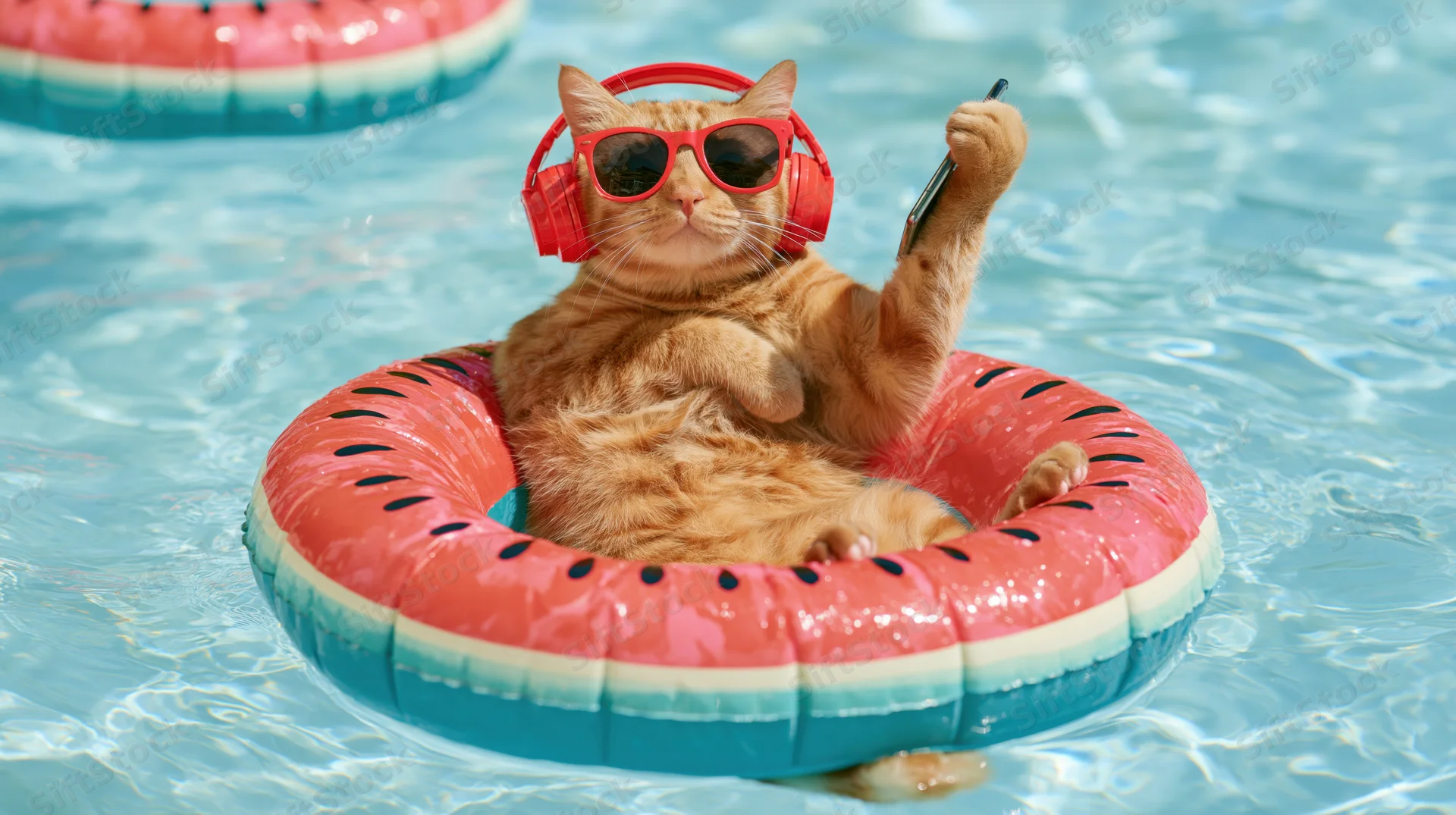 Orange tabby cat wearing red sunglasses and headphones floating in a watermelon inflatable ring in a swimming pool