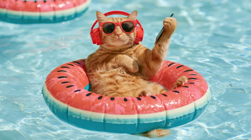 Orange tabby cat wearing red sunglasses and headphones floating in a watermelon inflatable ring in a swimming pool