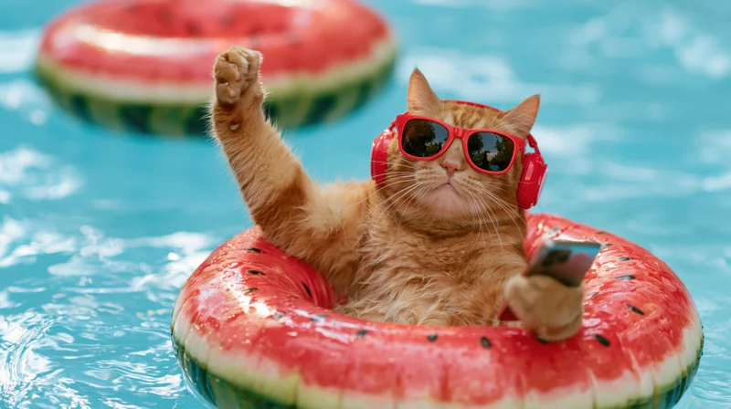 Orange tabby cat wearing red sunglasses and headphones floating in a watermelon inflatable ring in a swimming pool, holding a smartphone and raising a paw in a thumbs-up gesture