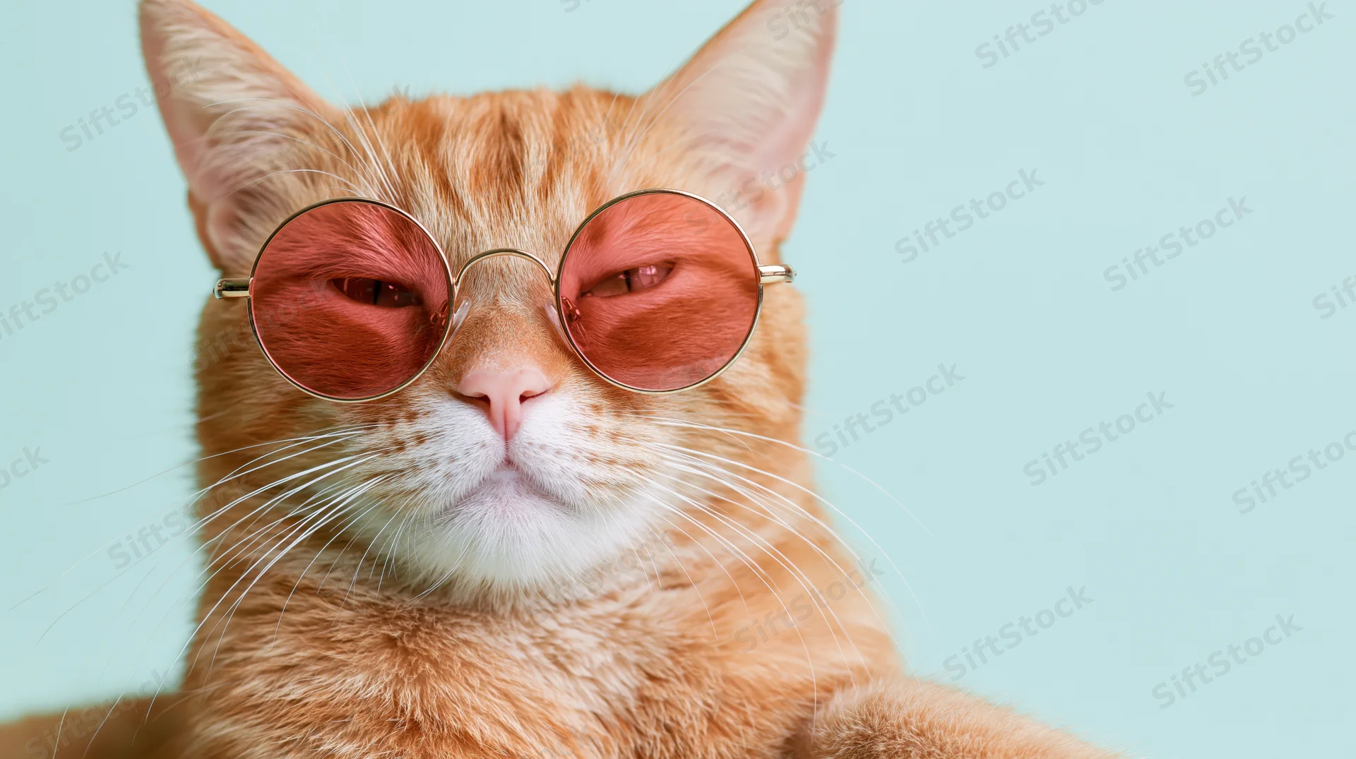 Orange tabby cat wearing round rose-tinted sunglasses in studio portrait with blue background