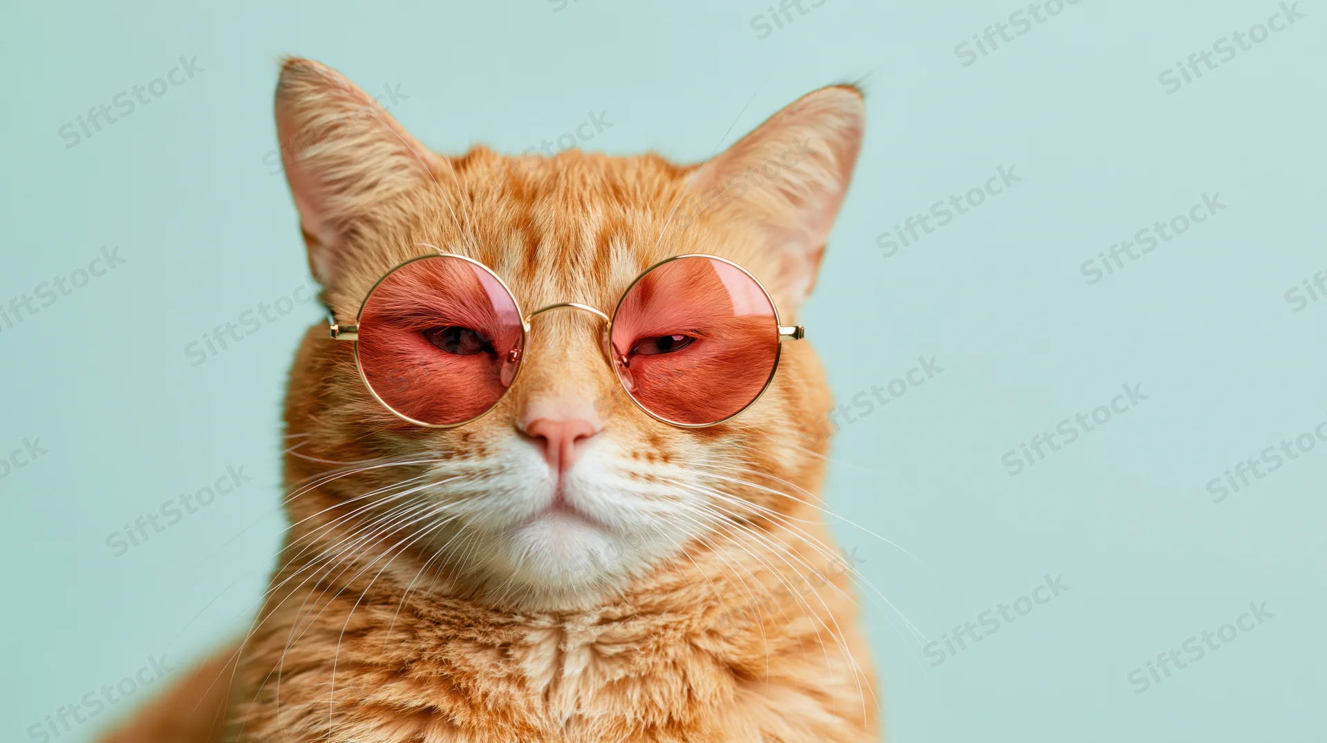 Orange tabby cat wearing round rose-tinted sunglasses in studio portrait against light blue background
