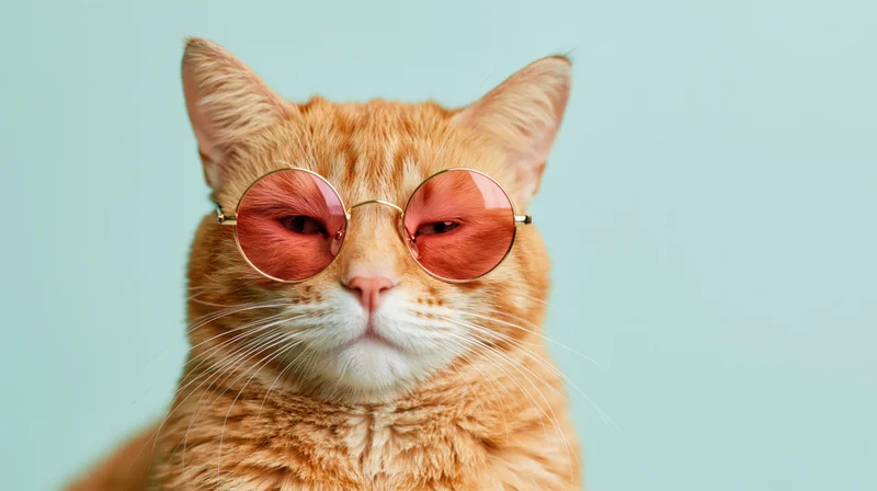 Orange tabby cat wearing round rose-tinted sunglasses in studio portrait against light blue background