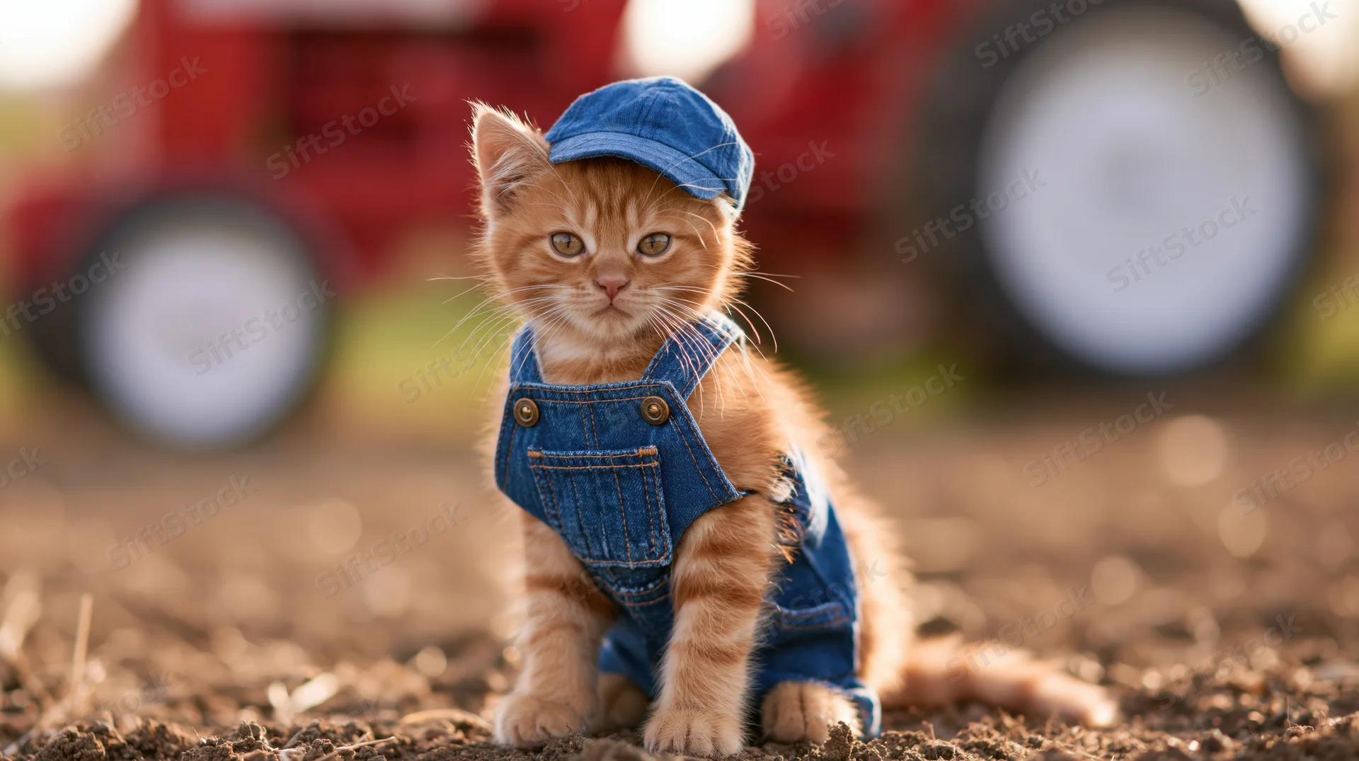 Orange tabby kitten in denim overalls and cap sitting on dry dirt with red tractor in background