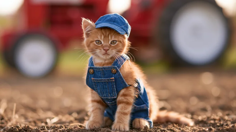 Orange tabby kitten in denim overalls and cap sitting on dry dirt with red tractor in background