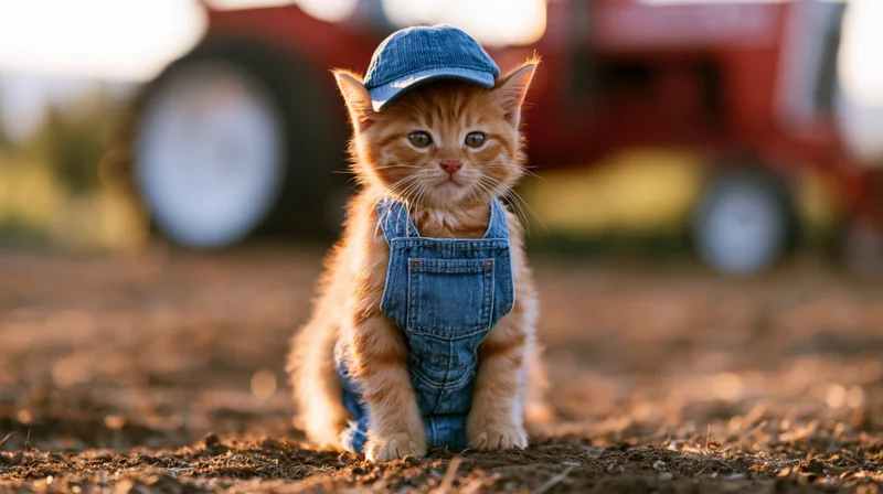 Orange tabby kitten wearing denim overalls and cap sitting on tilled dirt field with red tractor in background
