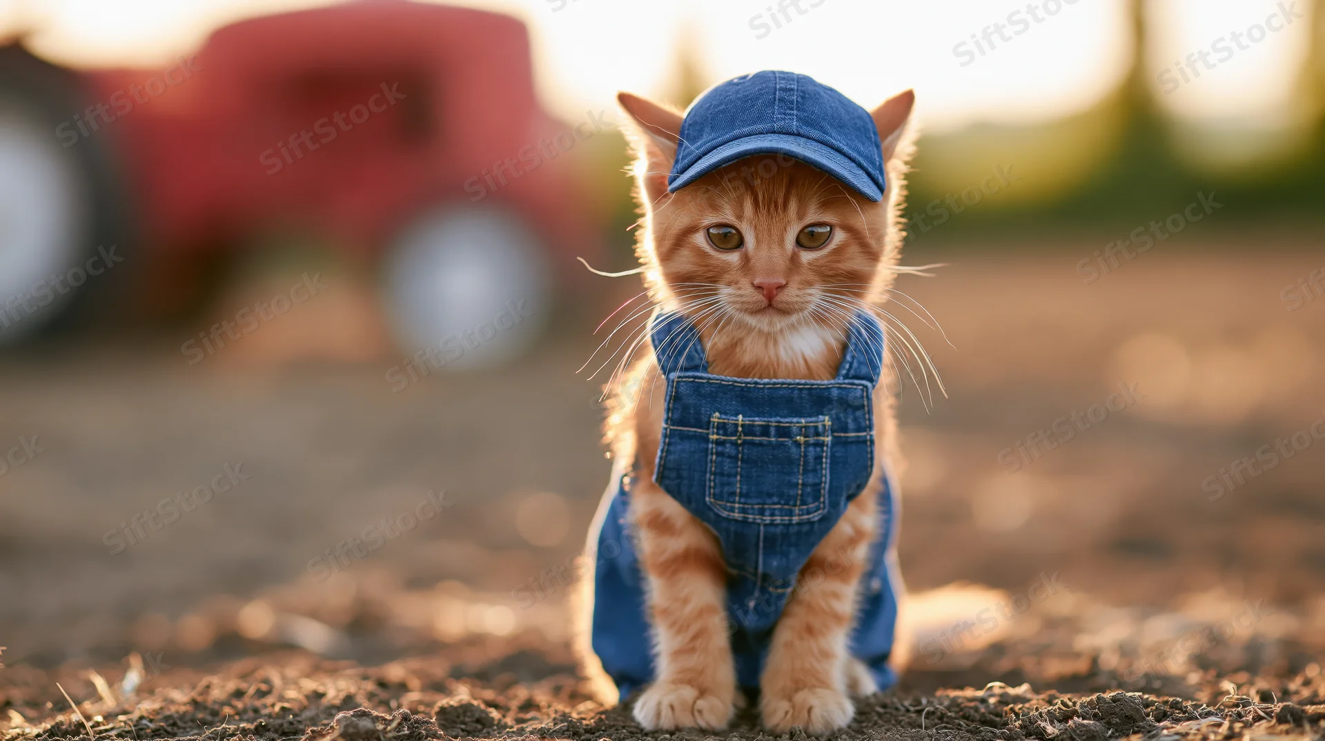 Orange tabby kitten wearing denim overalls and cap sitting upright on dry dirt in a farm field with tractor in background