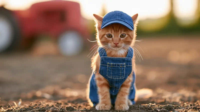 Orange tabby kitten wearing denim overalls and cap sitting upright on dry dirt in a farm field with tractor in background