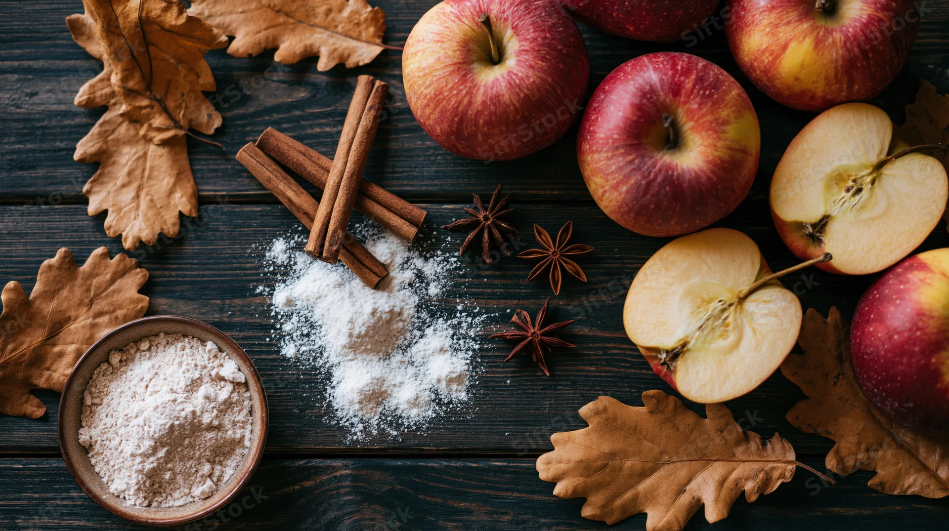 Apples, cinnamon sticks, flour, star anise, and dried oak leaves arranged on a dark wooden table for apple pie baking