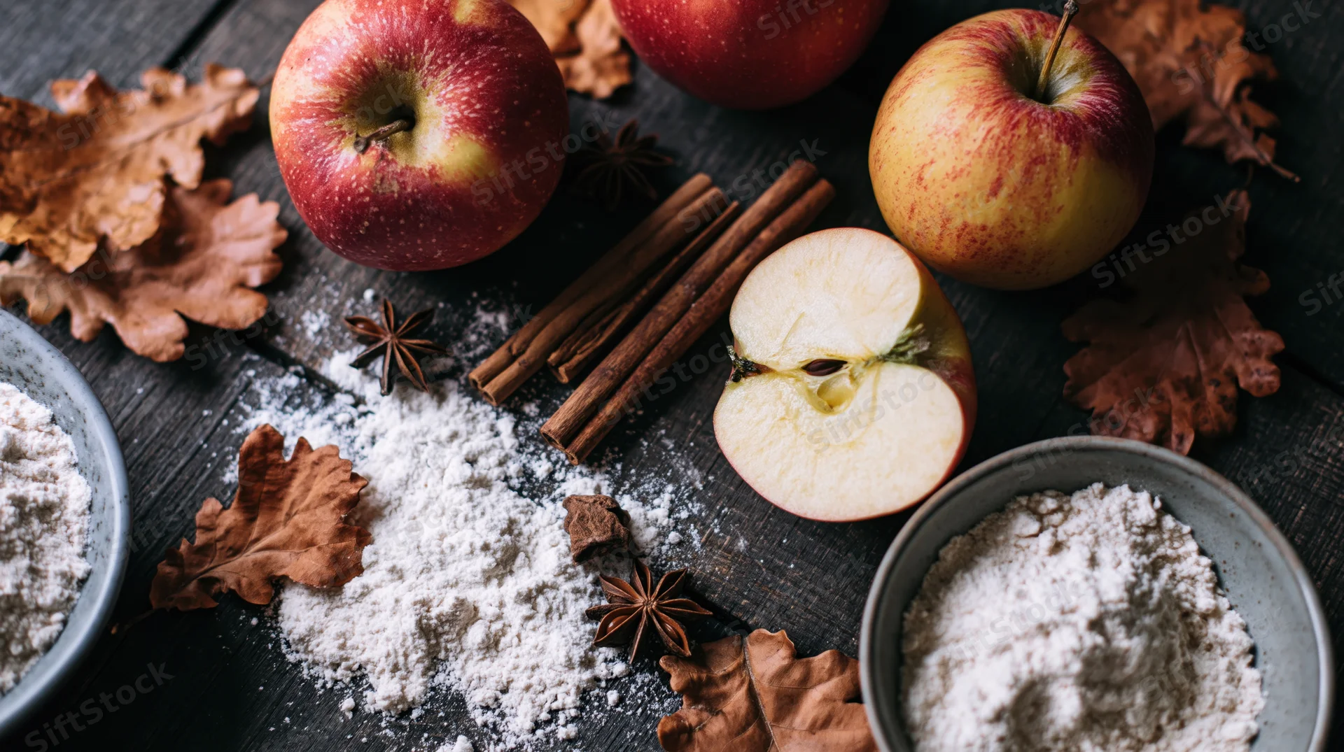 Overhead flat-lay of apple pie baking ingredients arranged on dark wooden table with autumn leaves and spices
