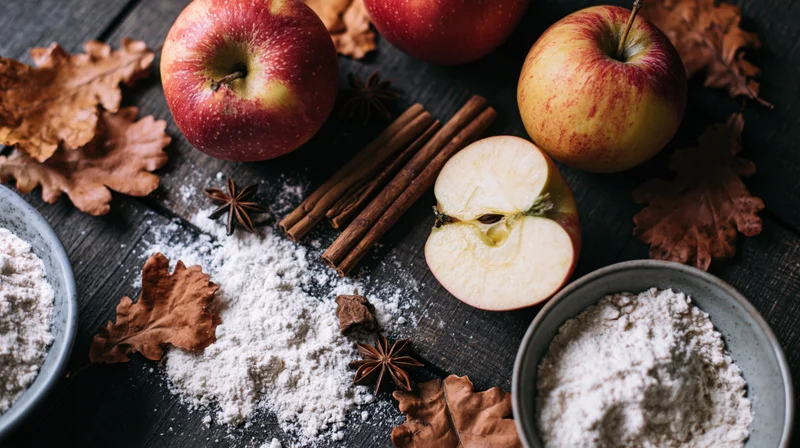 Overhead flat-lay of apple pie baking ingredients arranged on dark wooden table with autumn leaves and spices