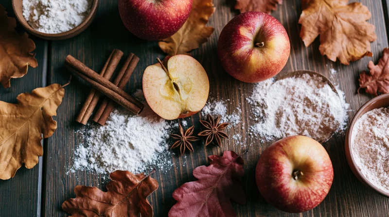 Apples and baking ingredients arranged on a dark wooden table with autumn leaves