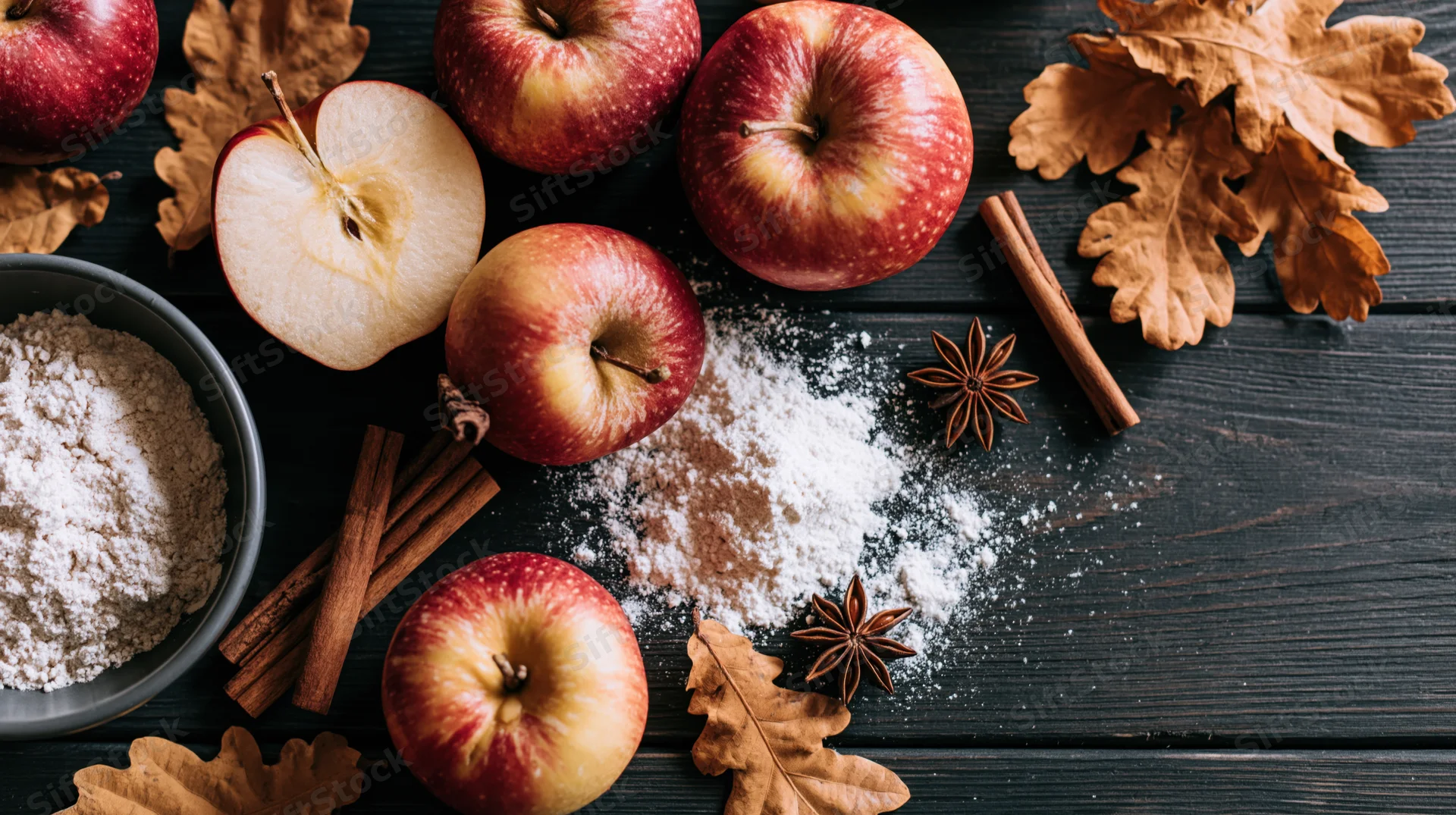 Apples and baking ingredients arranged on dark wooden surface with autumn leaves