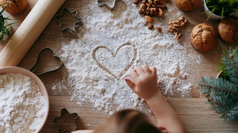 Child drawing heart in flour on wooden kitchen table with baking tools and holiday decor