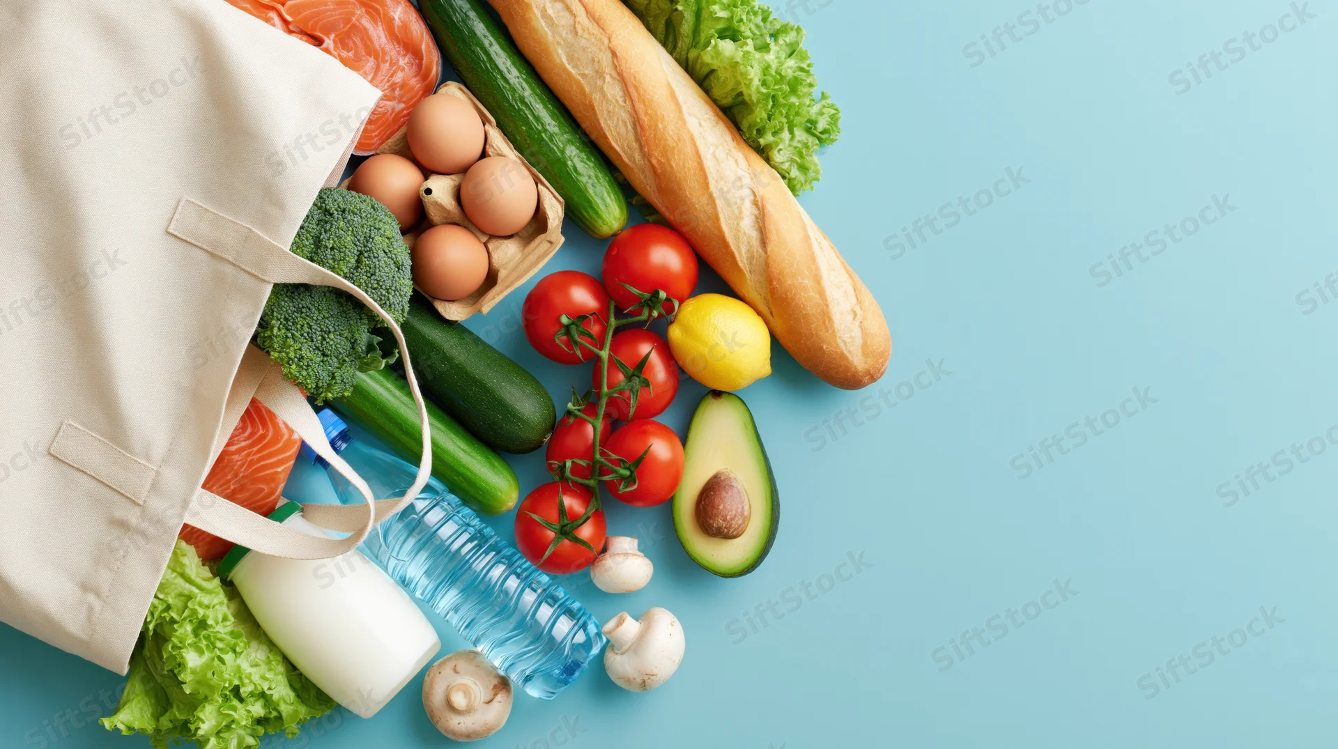 Cream canvas tote bag tipped over with fresh groceries spilling onto blue surface