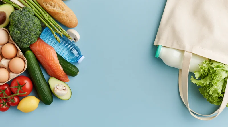 Overhead flat lay of fresh groceries and a cream canvas tote bag on a blue background with copyspace