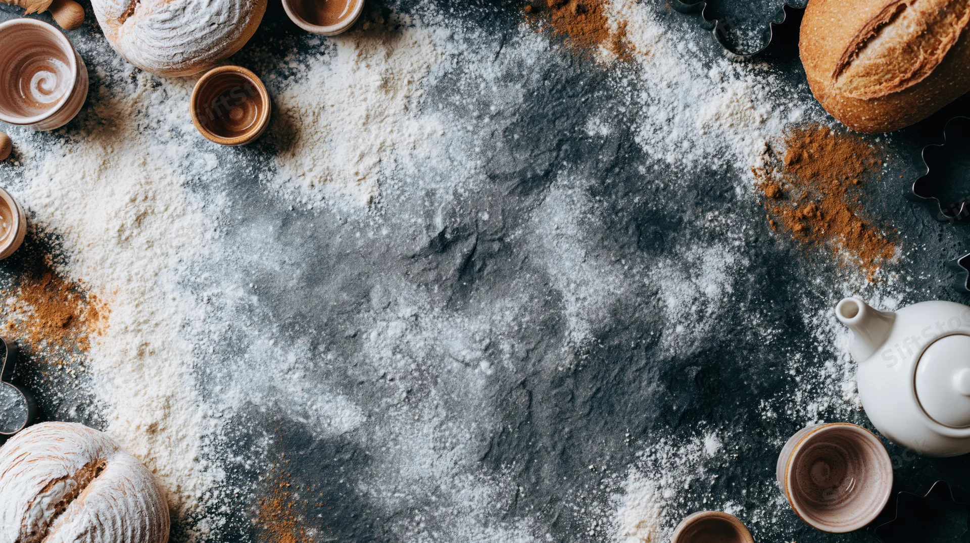 Overhead flat lay of a dark stone kitchen counter dusted with flour and baking items arranged around the edges
