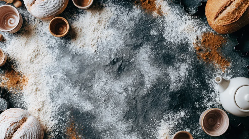 Overhead flat lay of a dark stone kitchen counter dusted with flour and baking items arranged around the edges