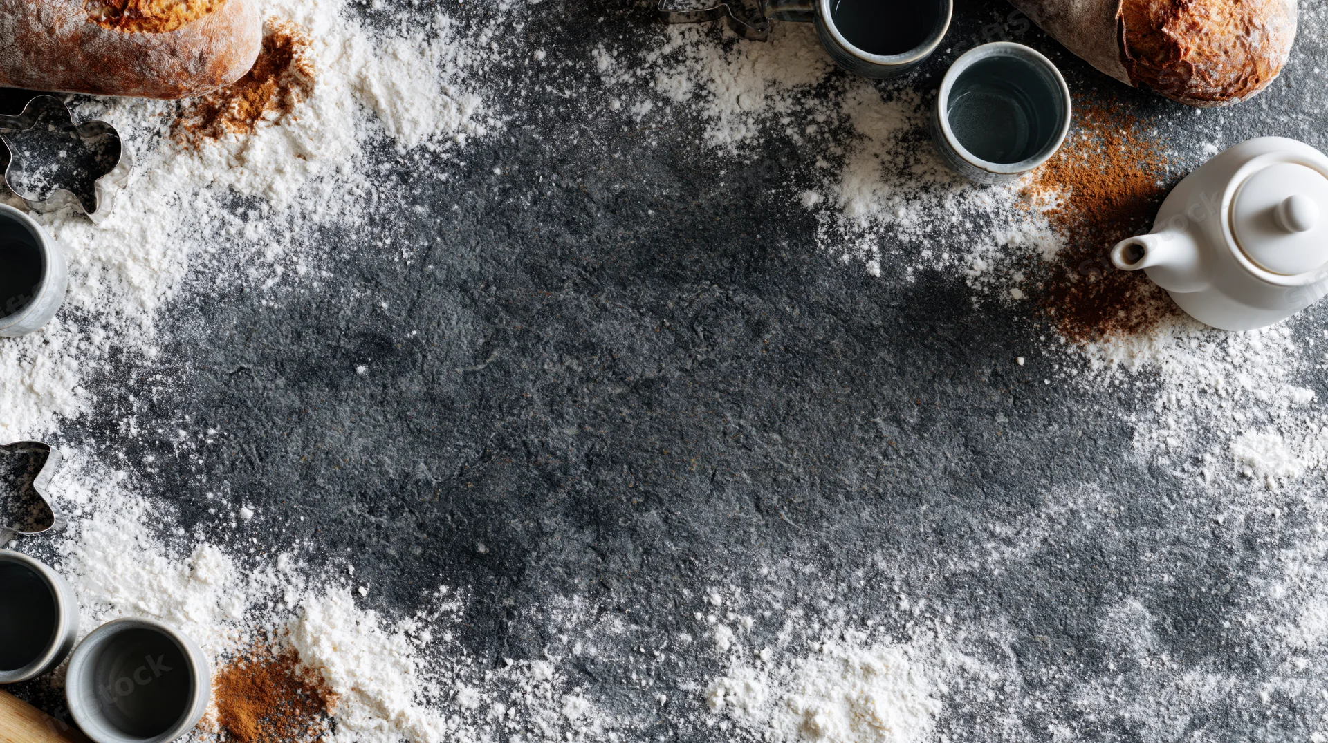 Overhead flat lay of a dark stone kitchen counter dusted with flour and baking items arranged around the edges