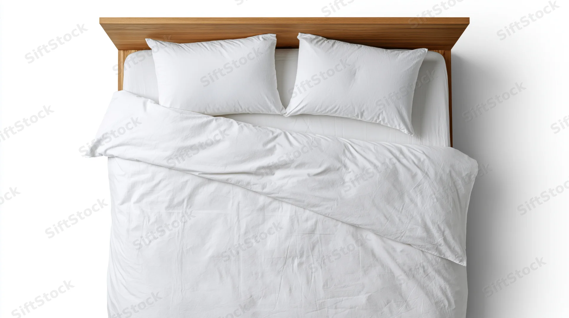 Overhead view of a neatly made double bed with white bedding and wooden headboard against a white background