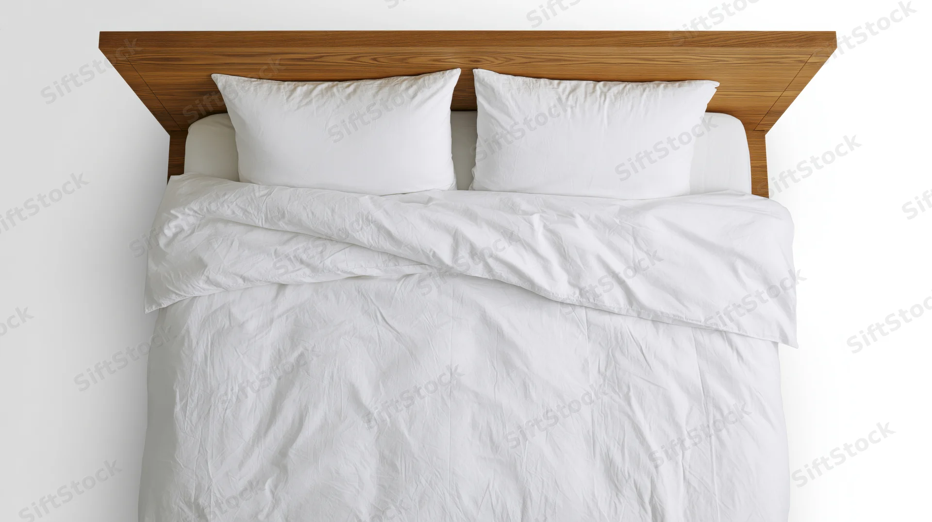 Overhead view of a double bed with white bedding and wooden headboard in a minimalist bedroom