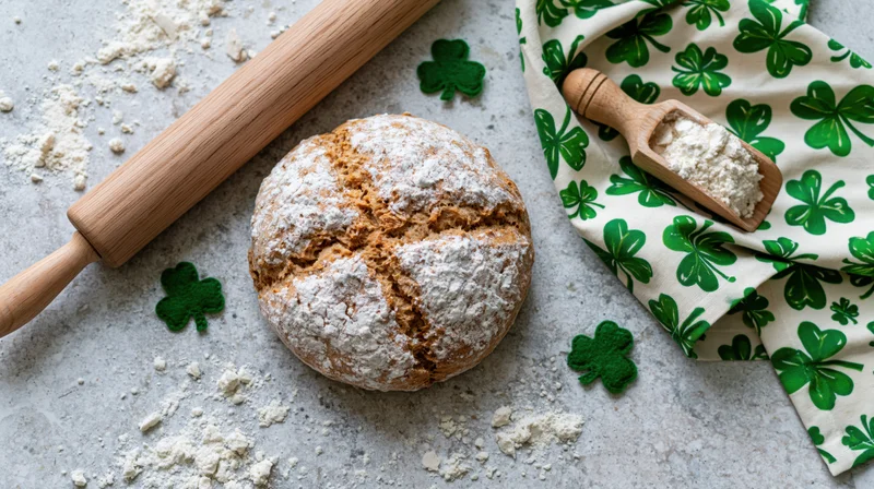 Round rustic irish soda bread dusted with flour on a countertop with shamrock cloth and rolling pin