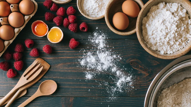 Baking ingredients scattered on dark wooden table in overhead flat lay arrangement