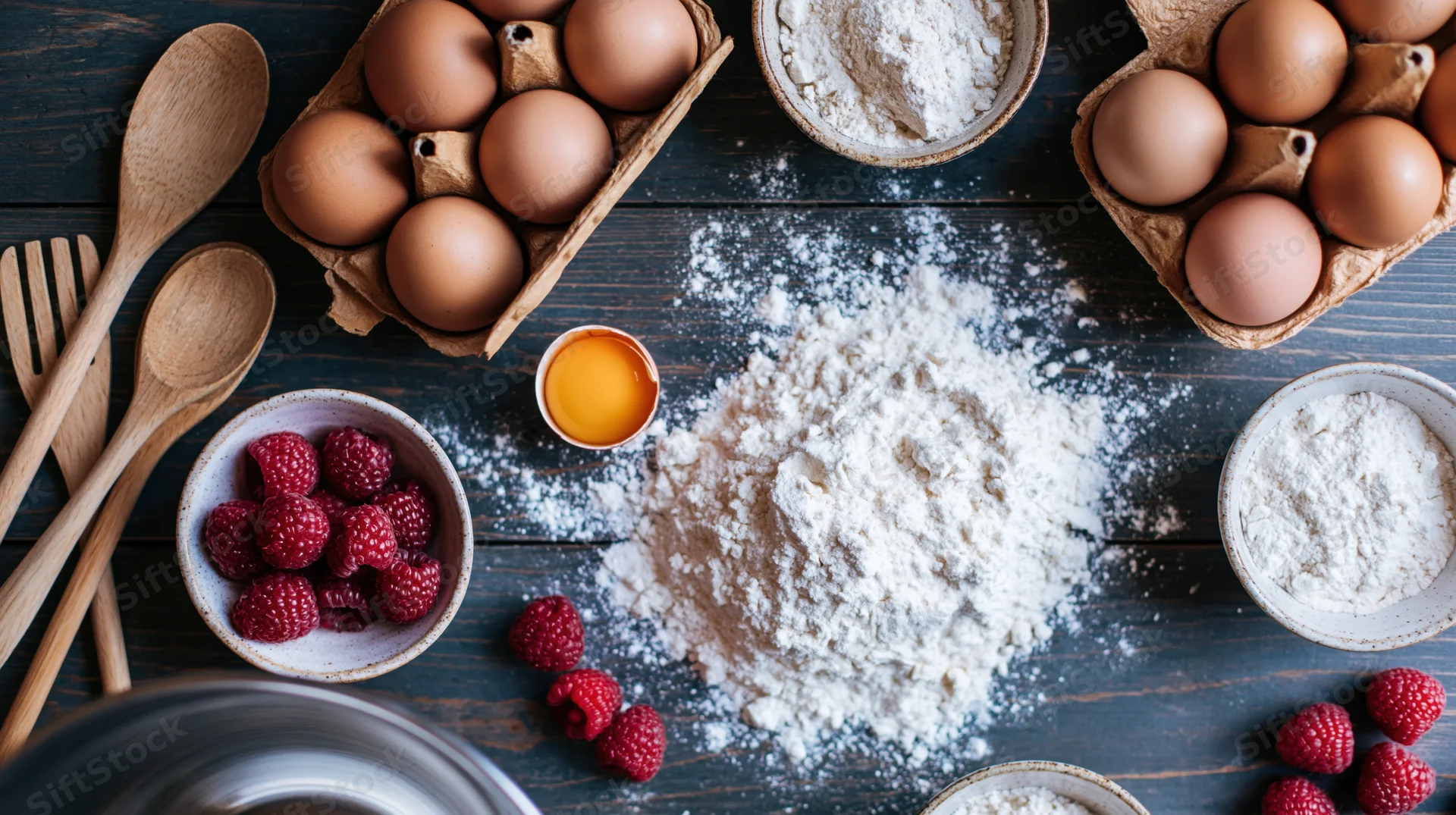 Baking ingredients including flour, eggs and raspberries arranged on a dark wooden table in overhead flat lay view