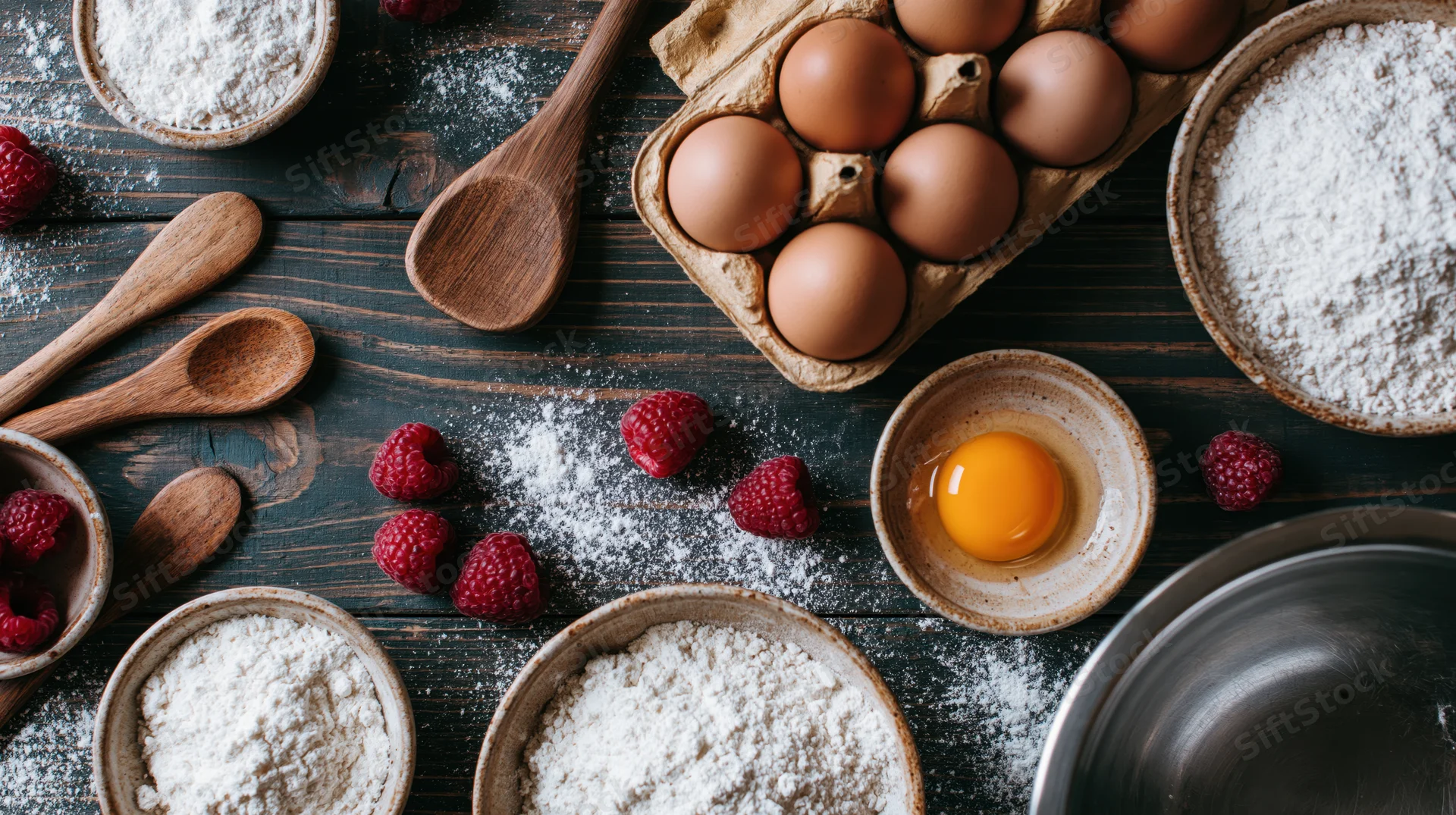 Baking ingredients scattered across a dark wooden table in overhead flat lay arrangement