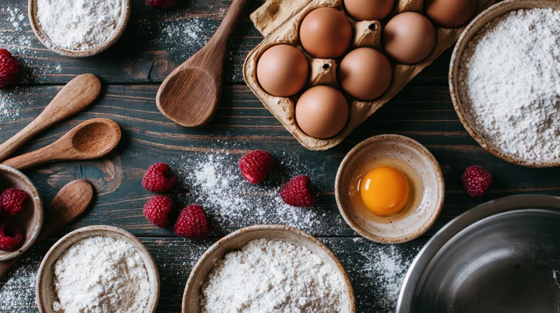 Baking ingredients scattered across a dark wooden table in overhead flat lay arrangement