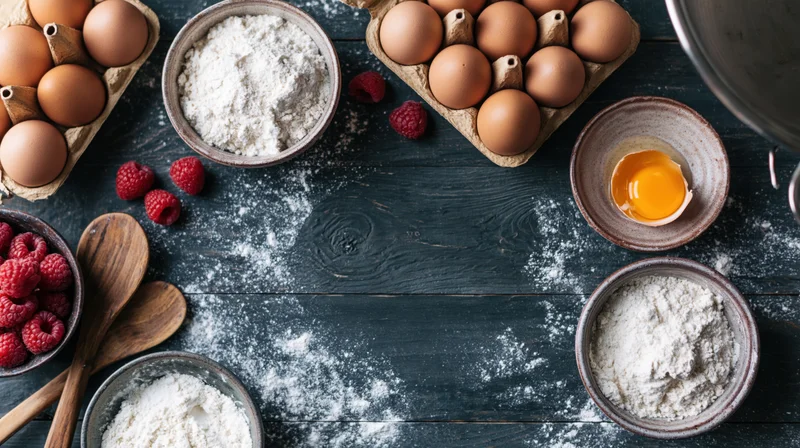 Baking ingredients including flour, eggs and raspberries arranged on a dark wooden table in an overhead flat lay with scattered flour and copyspace