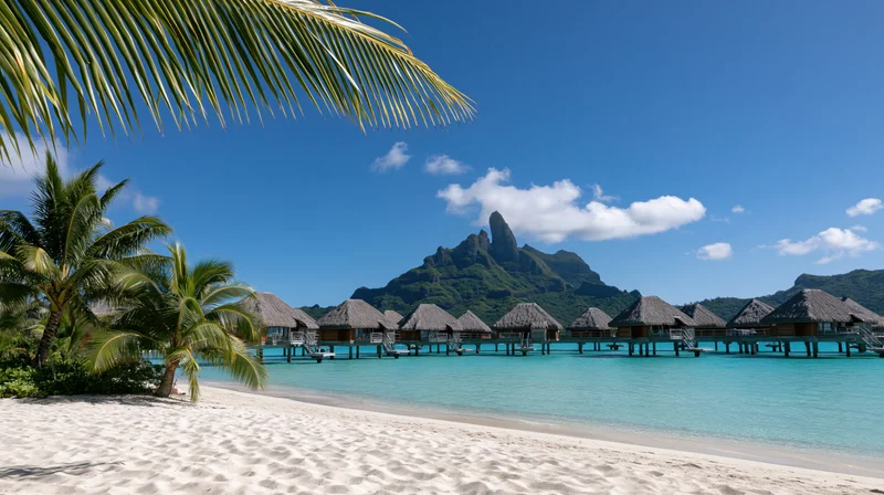 Overwater thatched-roof bungalows on turquoise water beside a sandy beach with palm trees and a mountain in the background