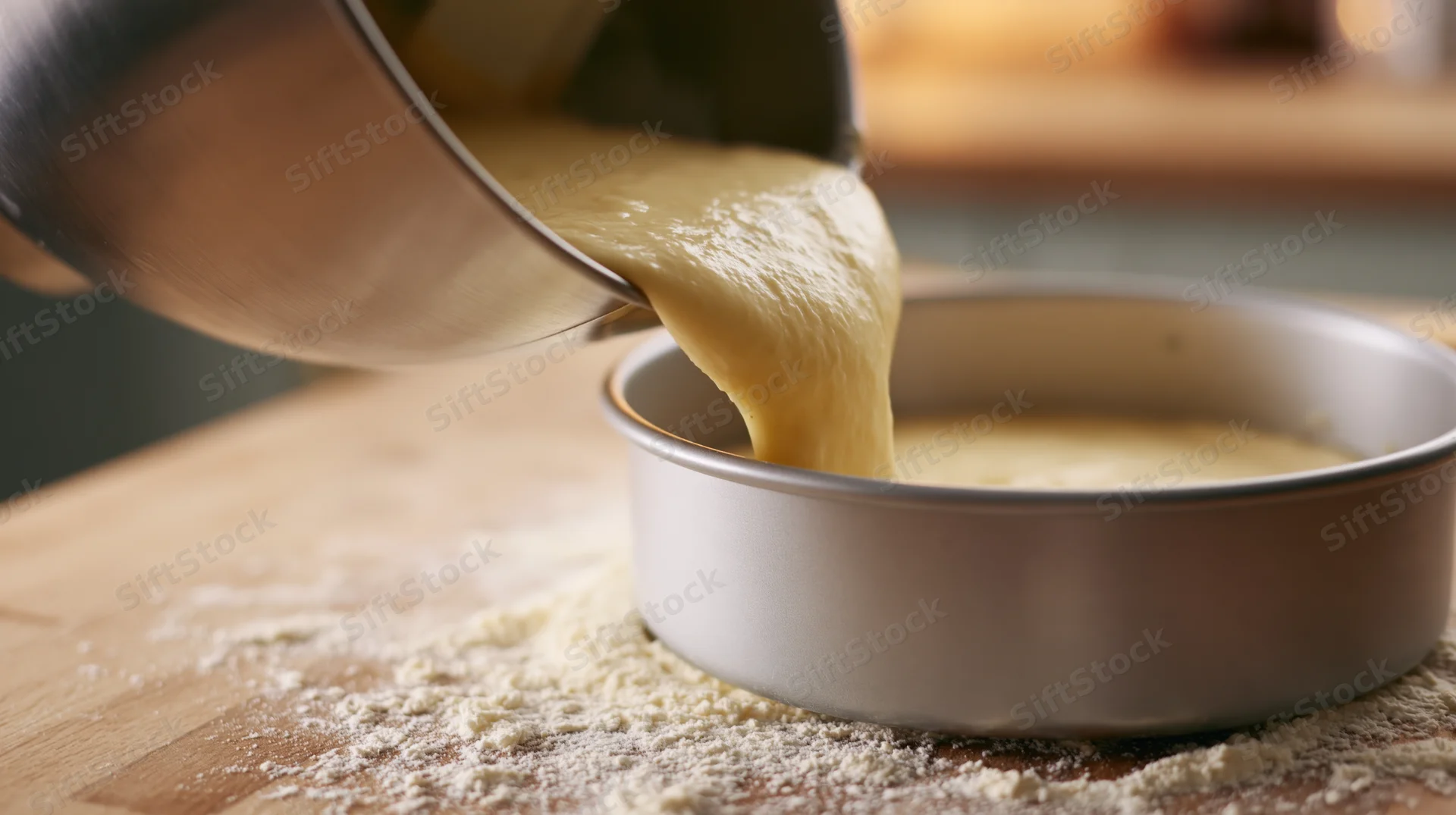 Thick pale yellow cake batter pouring from a mixing bowl into a baking pan on a floured wooden countertop