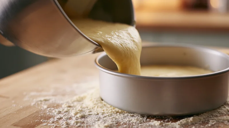 Thick pale yellow cake batter pouring from a mixing bowl into a baking pan on a floured wooden countertop