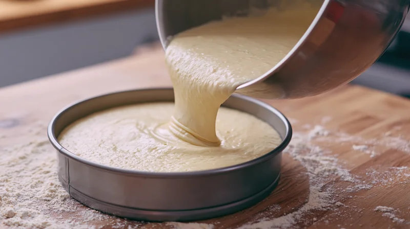Thick pale yellow cake batter pouring from a mixing bowl into a round metal cake pan on a floured wooden countertop