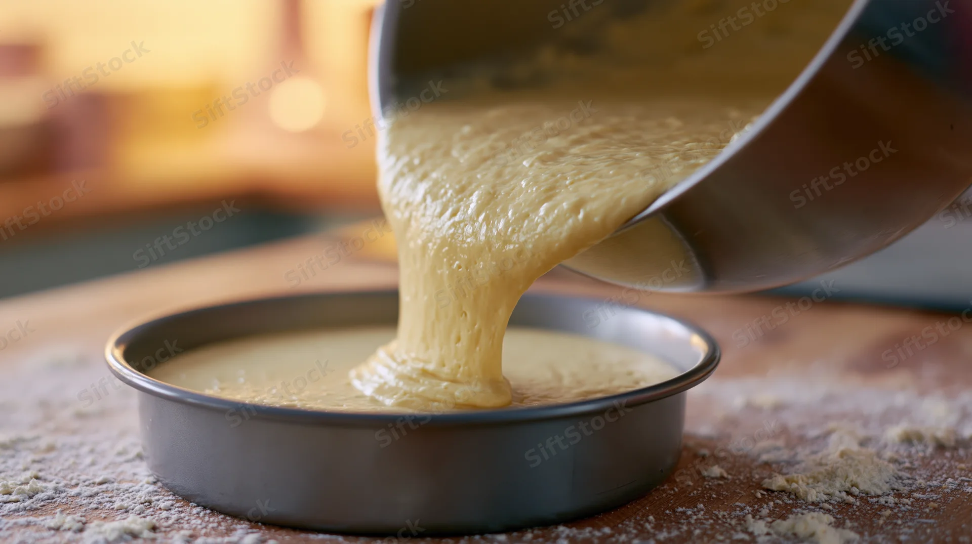 Thick pale yellow cake batter pouring from a metal bowl into a round baking pan on a floured countertop