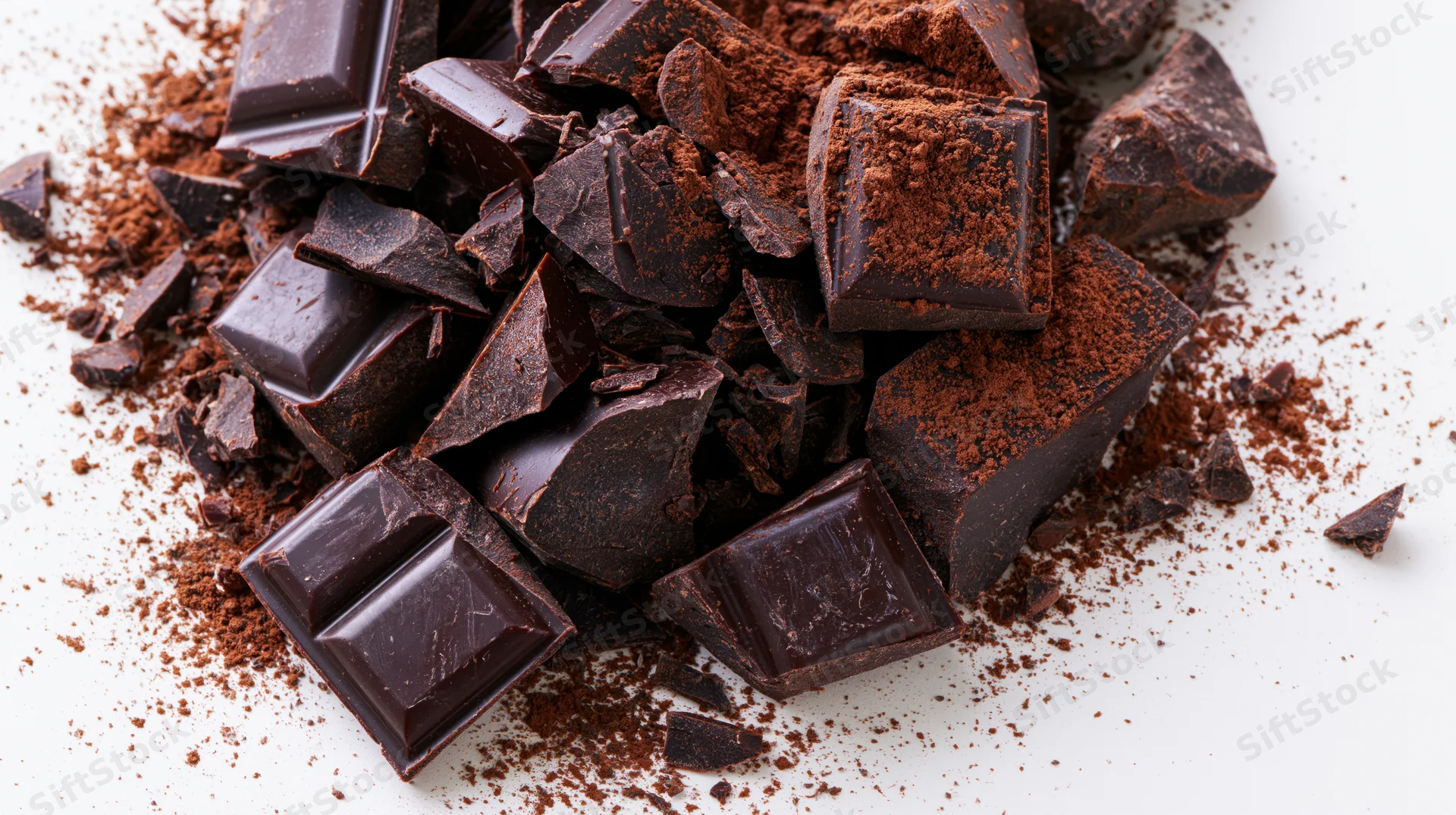 Broken dark chocolate chunks and shards scattered on white surface with cocoa powder