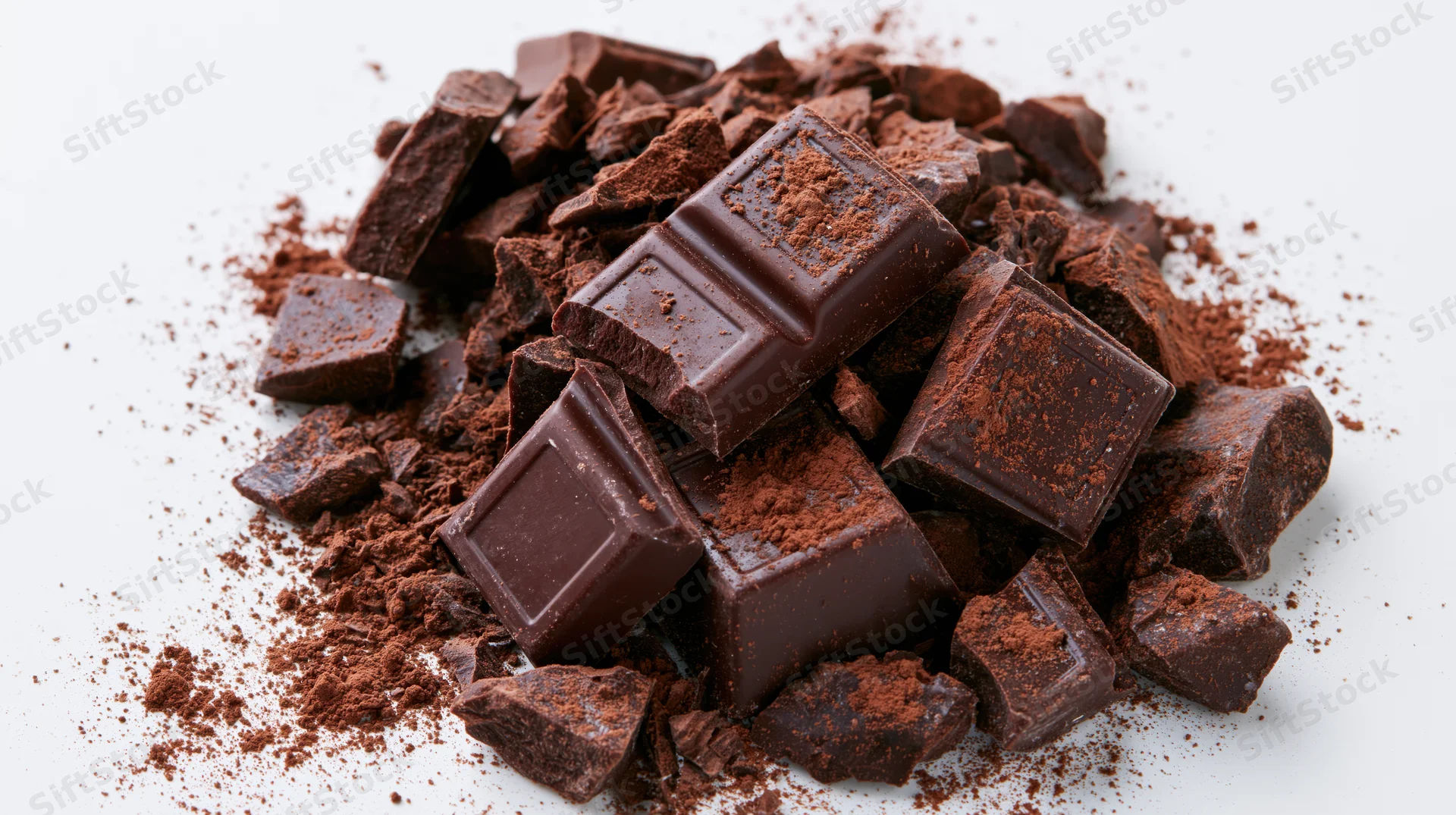 Broken dark chocolate chunks and shards piled on white background with cocoa powder scattered around