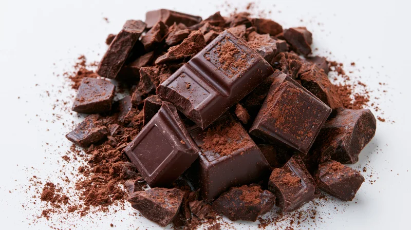 Broken dark chocolate chunks and shards piled on white background with cocoa powder scattered around
