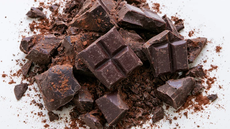 Broken dark chocolate chunks and shards scattered on white background