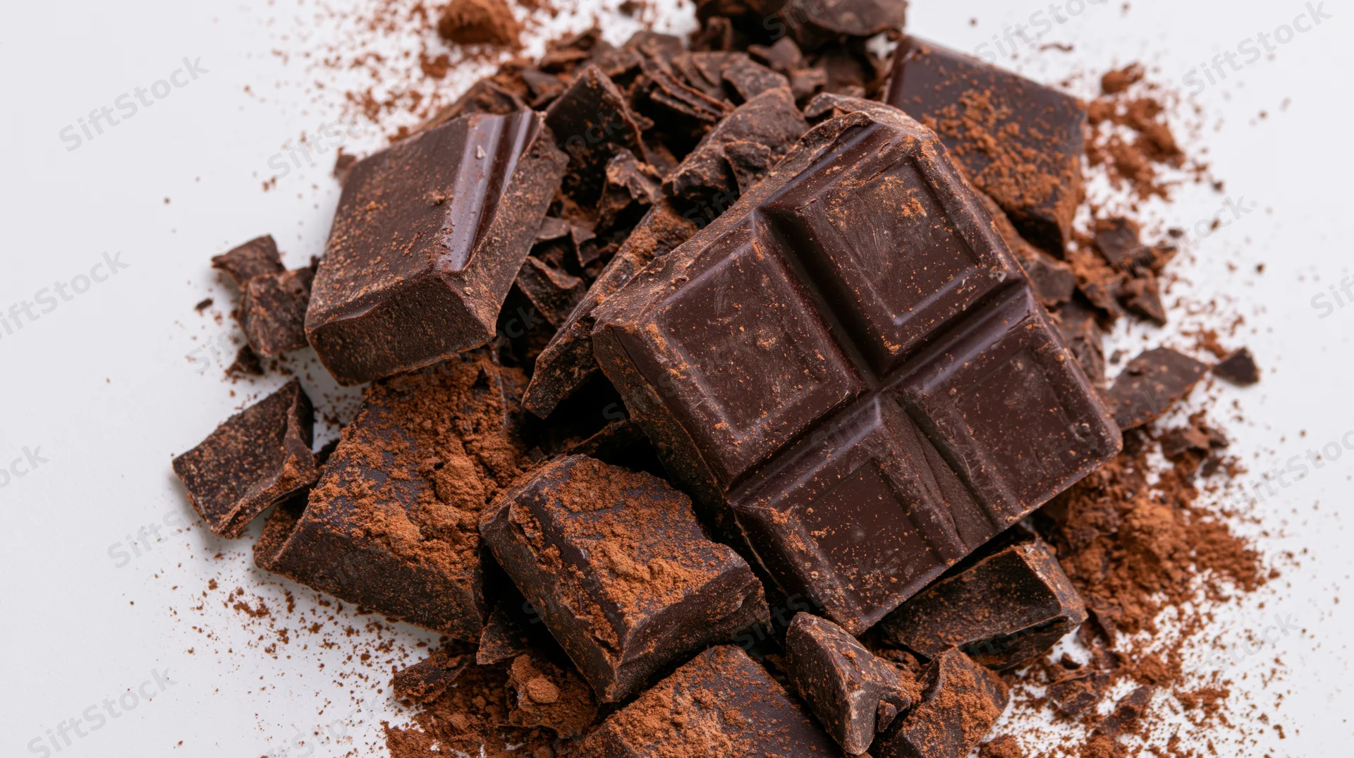 Broken dark chocolate chunks and shards scattered on white background with cocoa powder
